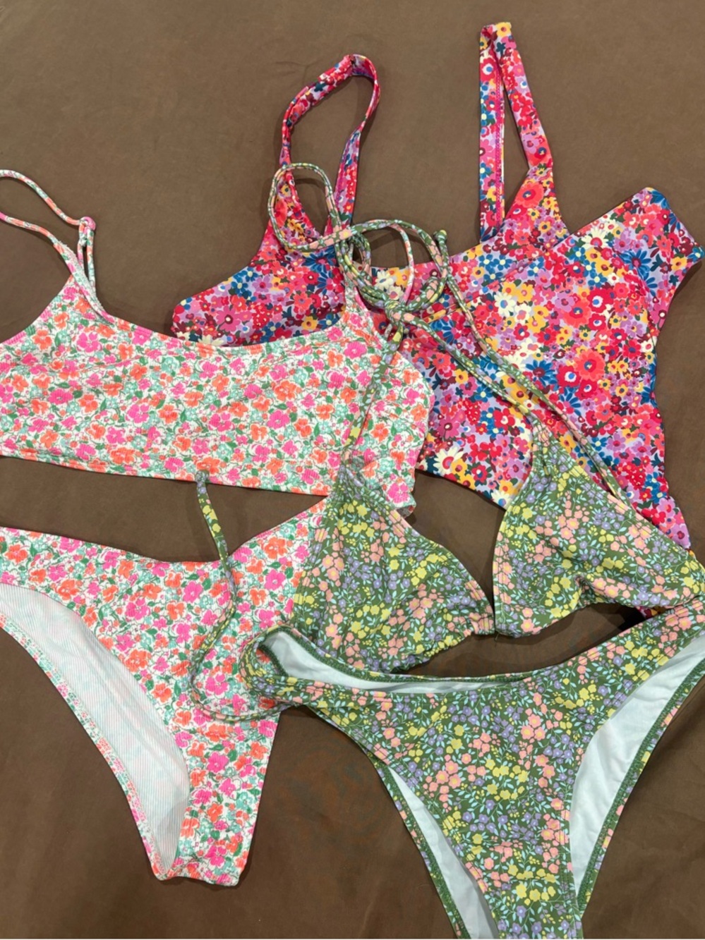 Floral Print Bikini Set Trio - Pink, Green, Multicolor